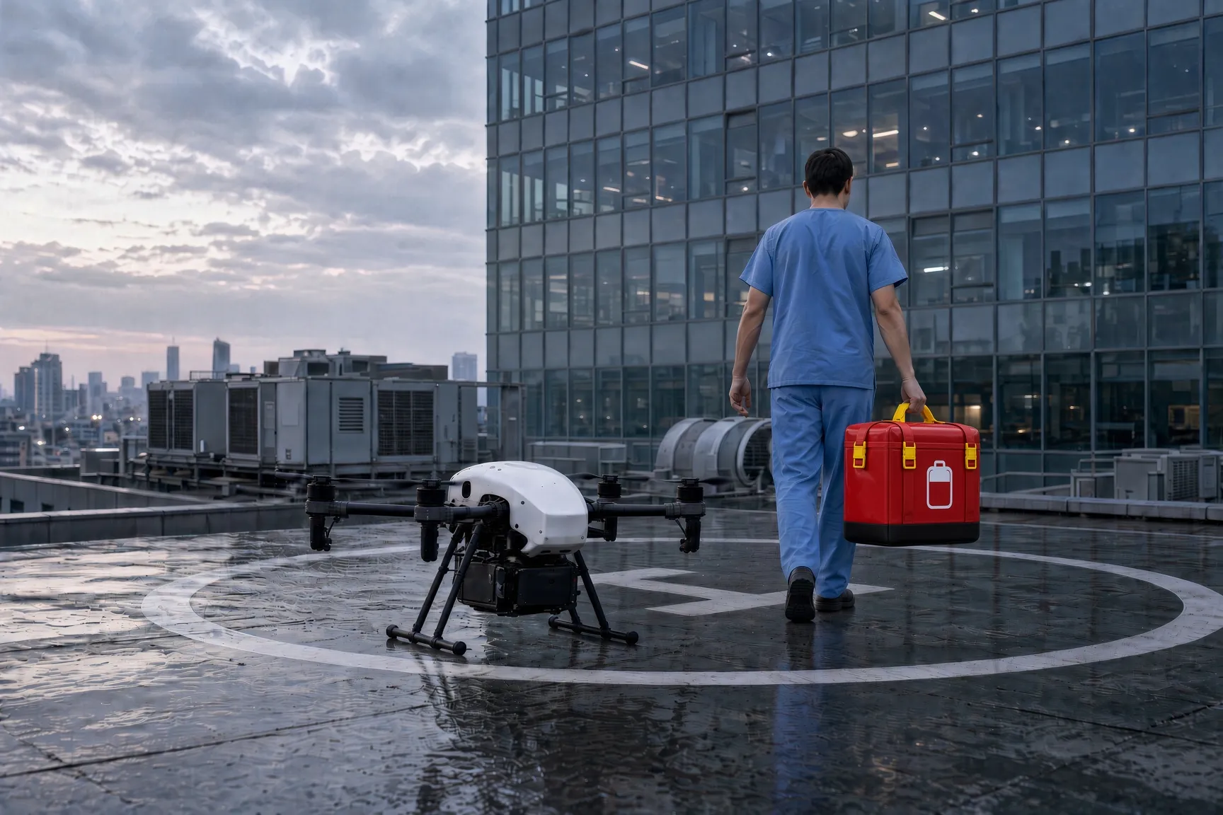 Medical worker carrying a red blood transport case toward a landed drone on a hospital rooftop helipad