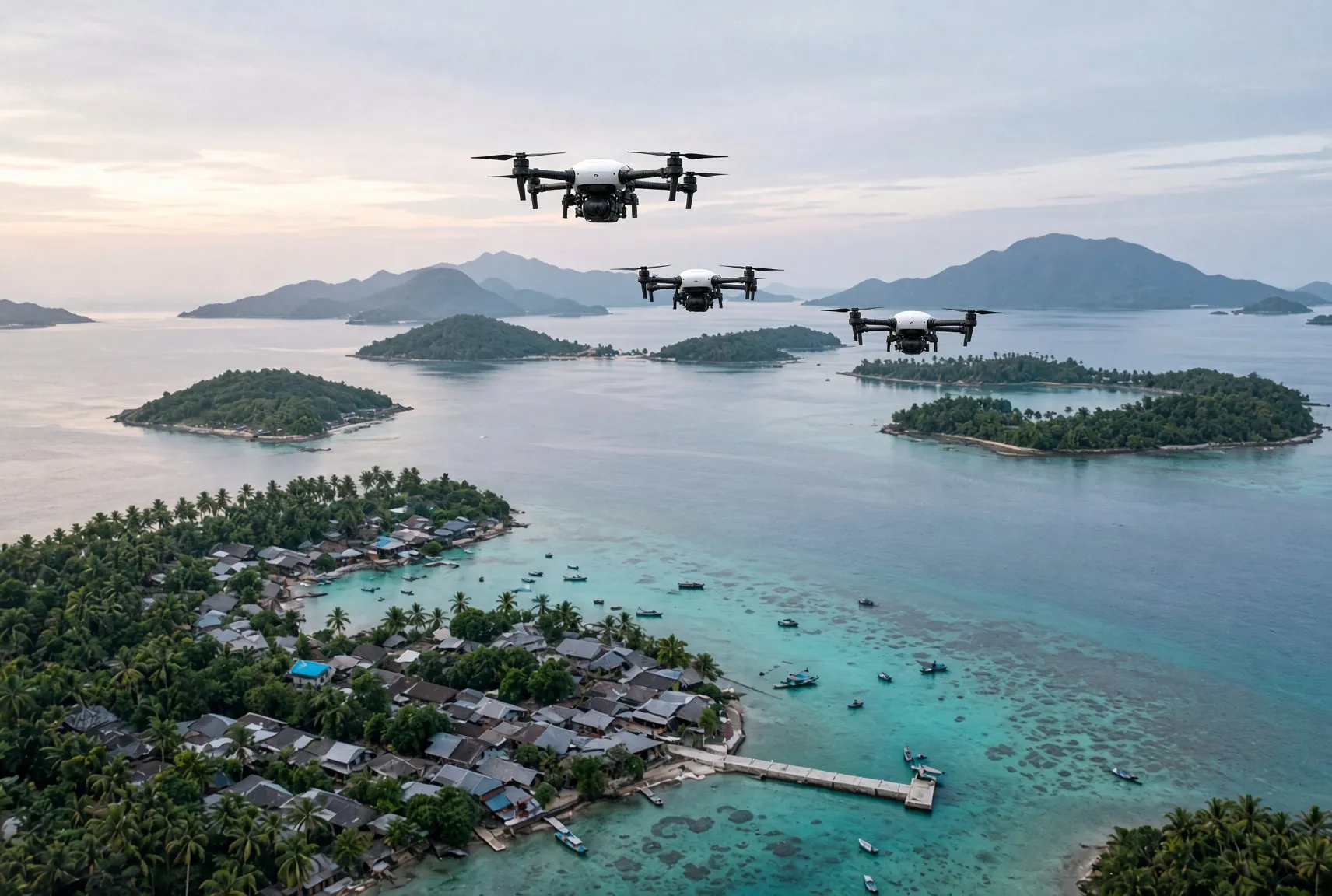 Three autonomous drones flying over an island archipelago and coastal village