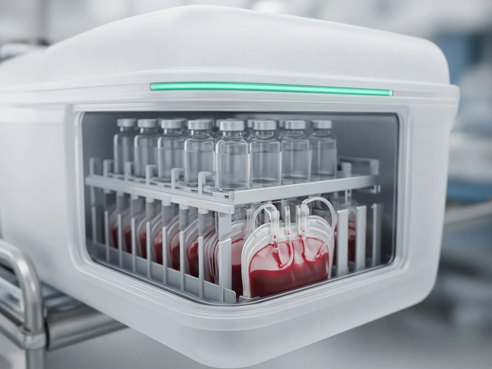 Temperature-controlled medical case holding blood bags and vials